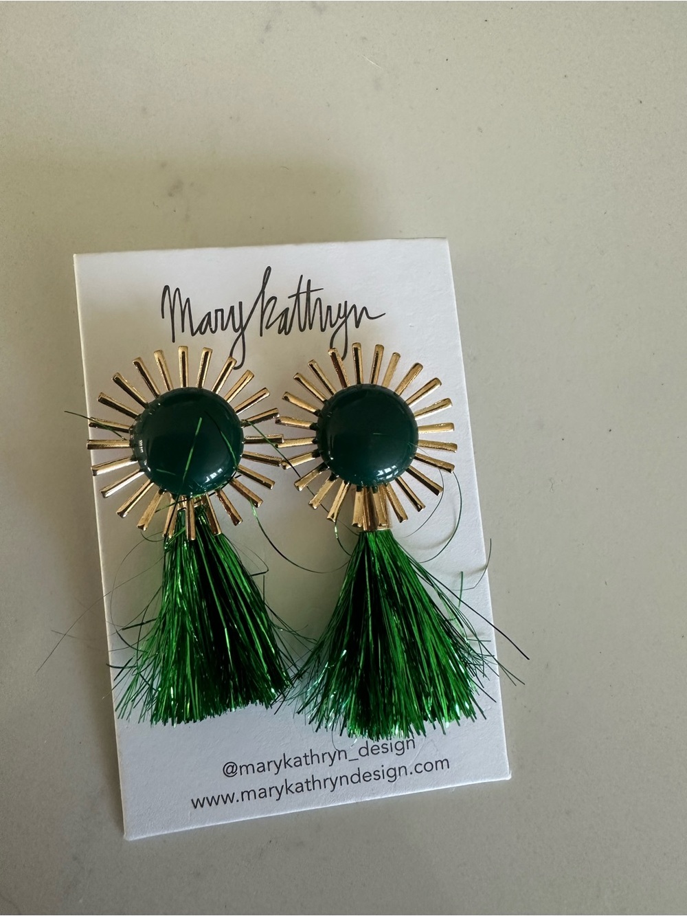 Green and Gold Sunburst Tassel Earrings